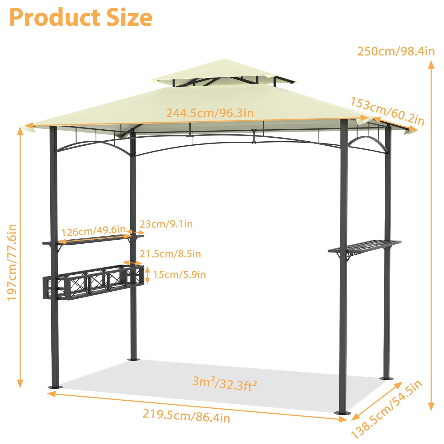 Partytent Paviljoen – Tuinkamer – Schaduwdoek – Terrastent – Overkapping – Ruim 245x153x250 cm – Stevig Metalen Frame & Waterbestendig Polyester Dak – Beige