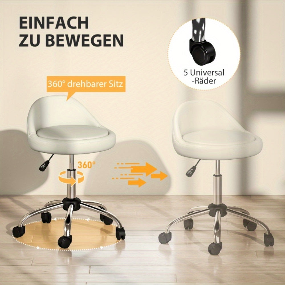 Krukje – Kruk – Werkkruk – Draaikruk – Zitkruk – Verstelbaar 63-83 cm – 360° Draaibaar Met Wieltjes – Wit Kunstleer