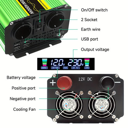 Omvormer – Spanningsomvormer – Stroomomvormer – Inverter – Converter – 2000W Zuivere Sinusgolf – 2x Stopcontacten & 4x USB Poorten