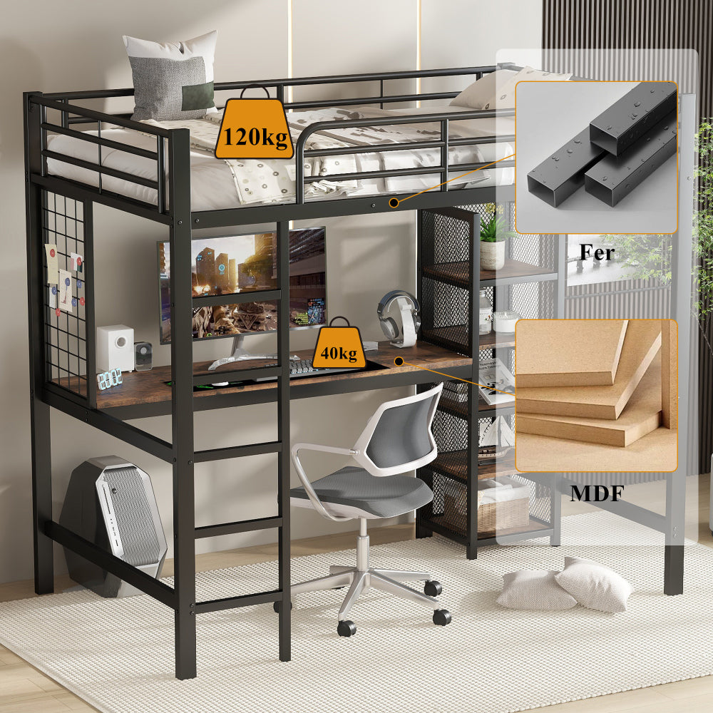 Hoogslaper – Loftbed – Kinderbed – Stapelbed – Eenpersoonsbed – Metaal & Donker Hout – 90x200 cm – Met Bureau en Opbergruimte