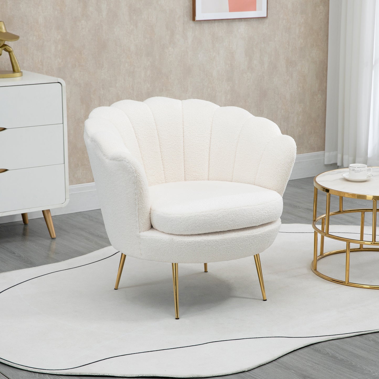Shell Fauteuil – Relaxstoel – Zithoekstoel – Leesstoel – Loungefauteuil – Compact Wit Design – 10 Cm Dikke Schuimvulling – Metalen Frame Gouden Poten