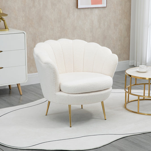 Shell Fauteuil – Relaxstoel – Zithoekstoel – Leesstoel – Loungefauteuil – Compact Wit Design – 10 Cm Dikke Schuimvulling – Metalen Frame Gouden Poten