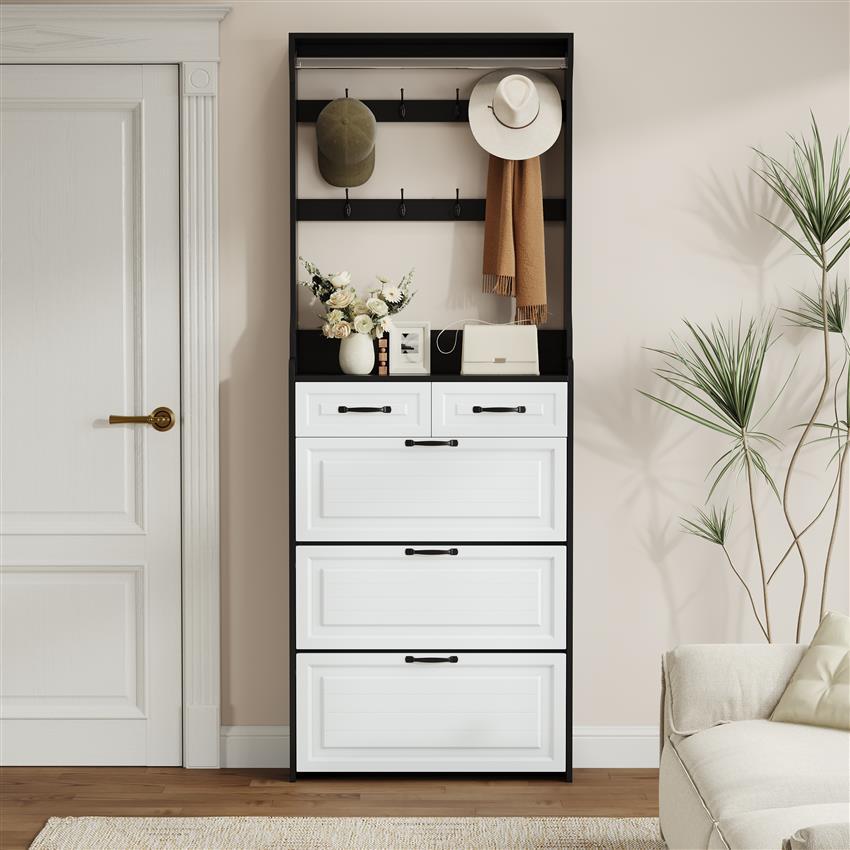 Schoenenkastje – Schoenenrek – Schoenopberger – Schoenenkast – Schoenenmeubel – Smal Halrek met 3 Deuren en 2 Lades – MDF Houtlook – Verstelbare Planken – Gemakkelijke Montage