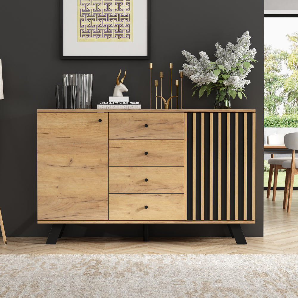 Dressoir – Sideboard – Ladekast – Opbergkast – Commode – Modern Wit – 4 Laden & 2 Deuren – 120x38x75 cm – Zwarte Poten
