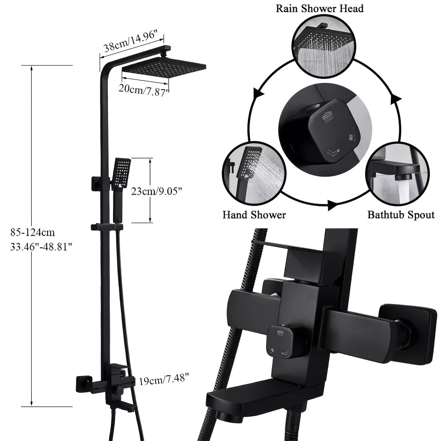 Regendouche – Doucheset – Douchekop – Douche – Regendoucheset – Mat Zwart – Vierkante 20,3 cm Hoofddouche – Messing Verstelbare Houder
