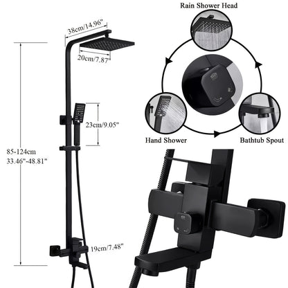 Regendouche – Doucheset – Douchekop – Douche – Regendoucheset – Mat Zwart – Vierkante 20,3 cm Hoofddouche – Messing Verstelbare Houder