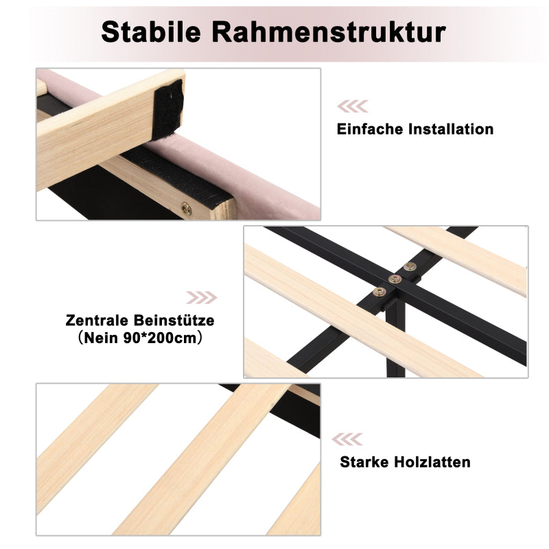 Eenpersoonsbed – Eenpersoonsbedden – Kinderbed – Opbergbed – Slaapbank – Gestoffeerd Roze Fluweel – Verstelbaar Schelpvormig Hoofdbord – Lattenbodem Hout 90x200 cm