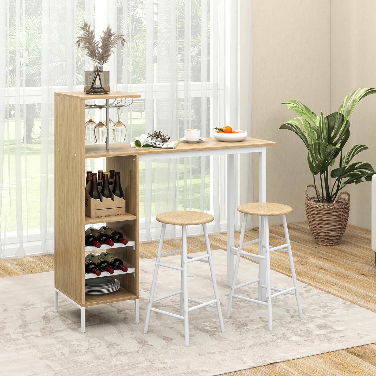Bartafelset – Barkrukken – Barset – Keukentafel – Bistroset – Met Wijnrek en Glazenhouder – Compact Natuurlijke Kleur – MDF Tafelblad Met Metalen Frame