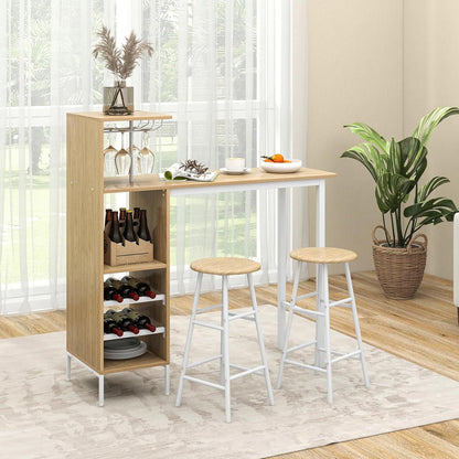 Bartafelset – Barkrukken – Barset – Keukentafel – Bistroset – Met Wijnrek en Glazenhouder – Compact Natuurlijke Kleur – MDF Tafelblad Met Metalen Frame