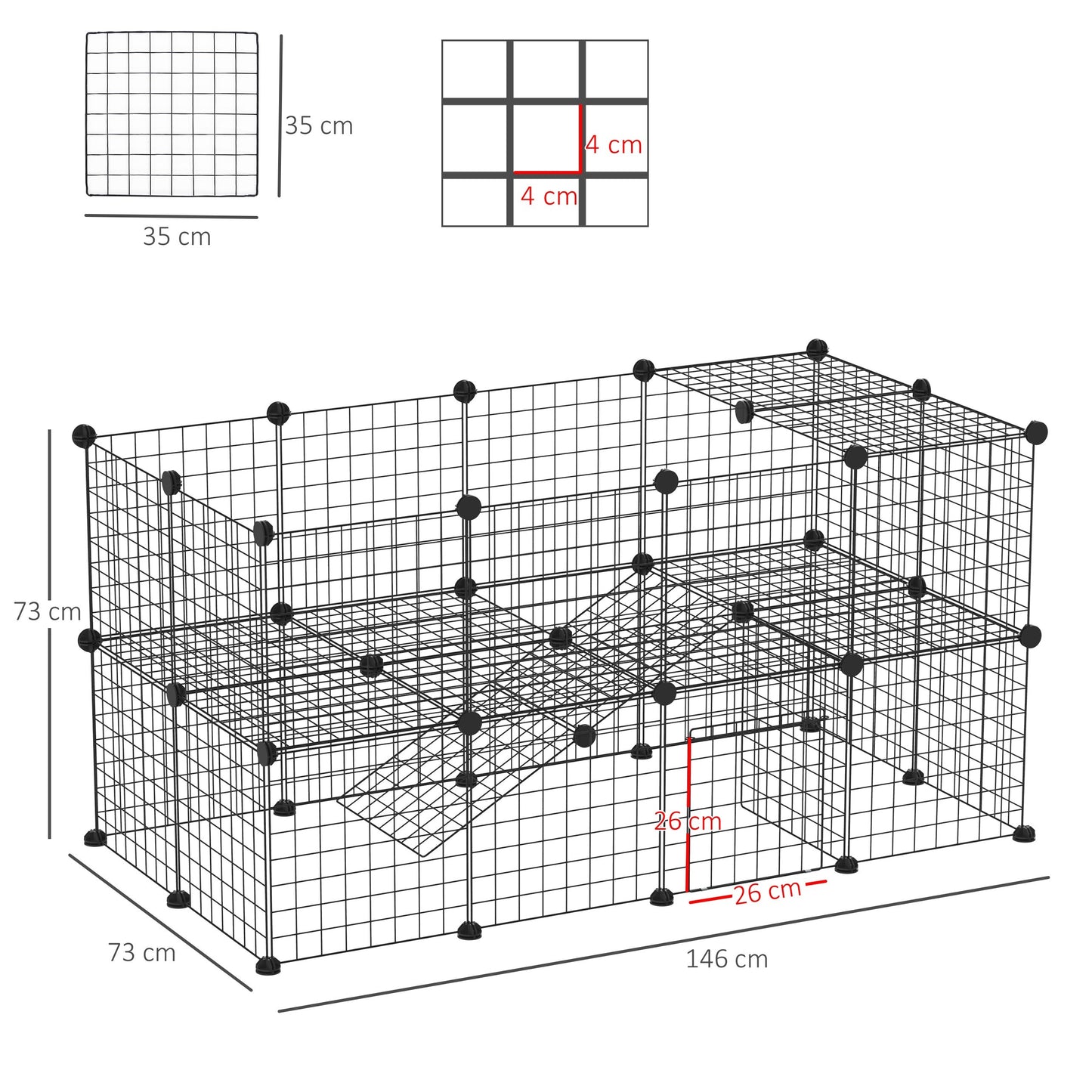 Speelomheining Klein Dieren – Ren Voor Cavia’s – Konijnenren – Draadomheining – Huisdierren Zwart – Modulair 2 Laags – Afgeronde Randen – Robuust Draadmetaal 146x73x73 cm