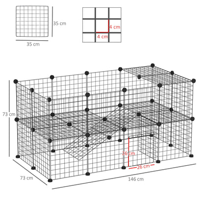 Speelomheining Klein Dieren – Ren Voor Cavia’s – Konijnenren – Draadomheining – Huisdierren Zwart – Modulair 2 Laags – Afgeronde Randen – Robuust Draadmetaal 146x73x73 cm