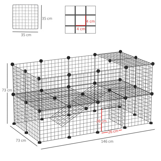 Speelomheining Klein Dieren – Ren Voor Cavia’s – Konijnenren – Draadomheining – Huisdierren Zwart – Modulair 2 Laags – Afgeronde Randen – Robuust Draadmetaal 146x73x73 cm