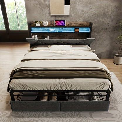 Bedframe – Bedframe Zonder Montage – Slaapbank – Bedframe Met Zijtafel – Slaapoplossing – Modern Grijs Bamboe – Stevig En Duurzaam – Geen Matras Nodig
