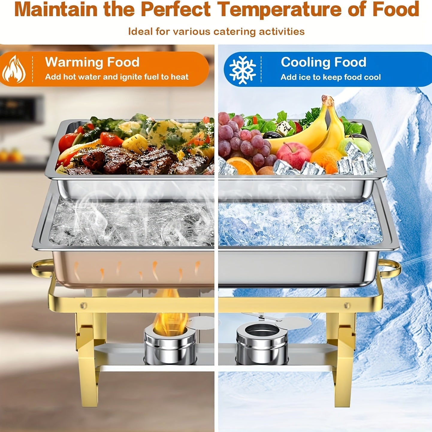 Golden Chafing Dish Buffet Set, 8QT High Grade Chafing Dishes for Buffet, Chafers and Buffet Warmers Sets for Wedding, Rolled-Edge Design, Only For Cooking