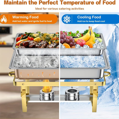 Golden Chafing Dish Buffet Set, 8QT High Grade Chafing Dishes for Buffet, Chafers and Buffet Warmers Sets for Wedding, Rolled-Edge Design, Only For Cooking