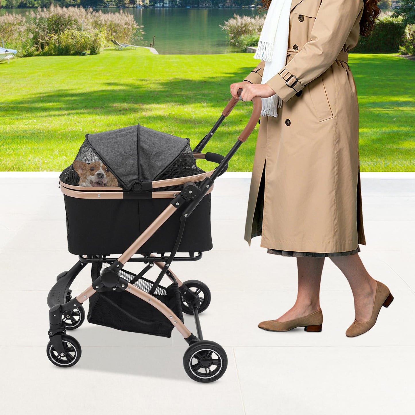 Foldable Pet Stroller | 4 Wheels, Black and Grey, Alloy Steel Frame, Nylon, for Dogs and Cats - NaMaSyo