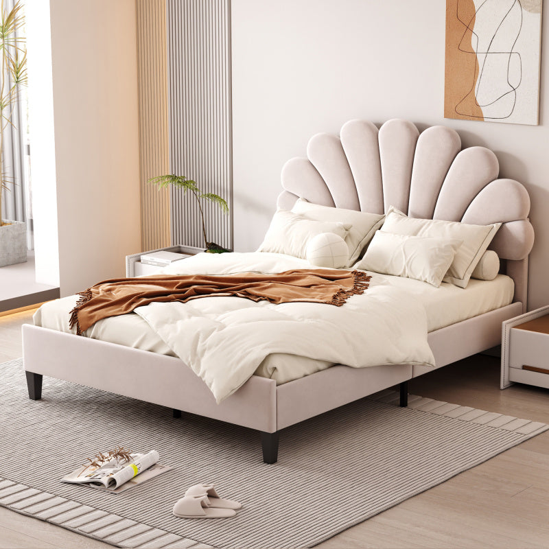 Tweepersoonsbed – Gestoffeerd Bed – Velours Bed – Slaapbed – Bedframe – 140 x 200 cm – Uniek Bloemvormig Hoofdbord – Zachte Huidvriendelijke Bekleding Beige