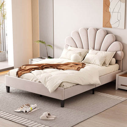Tweepersoonsbed – Gestoffeerd Bed – Velours Bed – Slaapbed – Bedframe – 140 x 200 cm – Uniek Bloemvormig Hoofdbord – Zachte Huidvriendelijke Bekleding Beige
