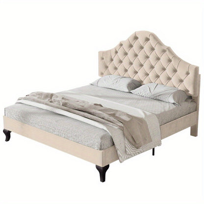 Gestoffeerd Bedframe – Bedombouw – Bedframe – Slaapbed – Bed – 140x190 cm – Verstelbare Hoofdsteun – Houten Lattenbodem – Beige Velours