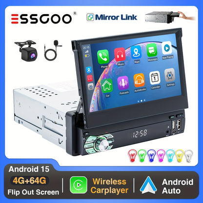Android Autoradio – 1 DIN Multimedia Speler – Auto Radio Navigatie – Inbouw Radio – Autoradio Met Uitklapscherm – 7 Inch HD Touchscreen – AHD Achteruitrijcamera & Draadloze Connectiviteit