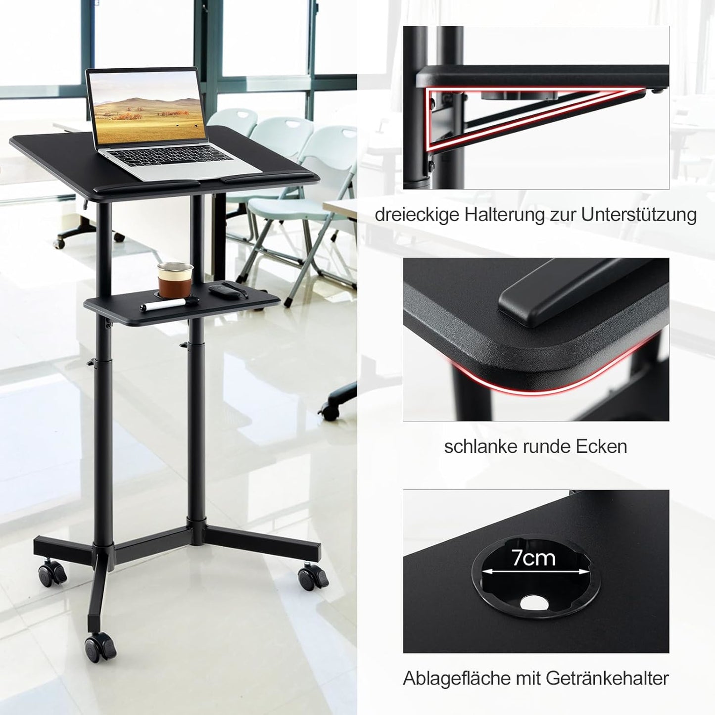 Mobiel Lectern – Spreekgestoelte – Presentatietafel – Podiumstandaard – Presenteerstandaard – Verstelbare Hoogte – Kantelbaar Tafelblad met Opberglade en Bekerhouder – Metalen Constructie – 4 Wieltjes met Remfunctie