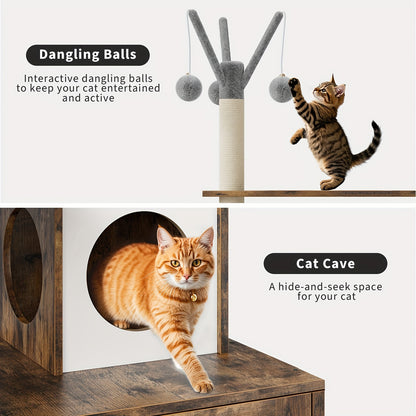 3-in-1 Kattenmeubel – Krabpaal – Kattenboom – Kattenhuis – Kattenmand – Verborgen Kattenbak – Zacht Pluche Bed – Compact Ruimtebesparend Design