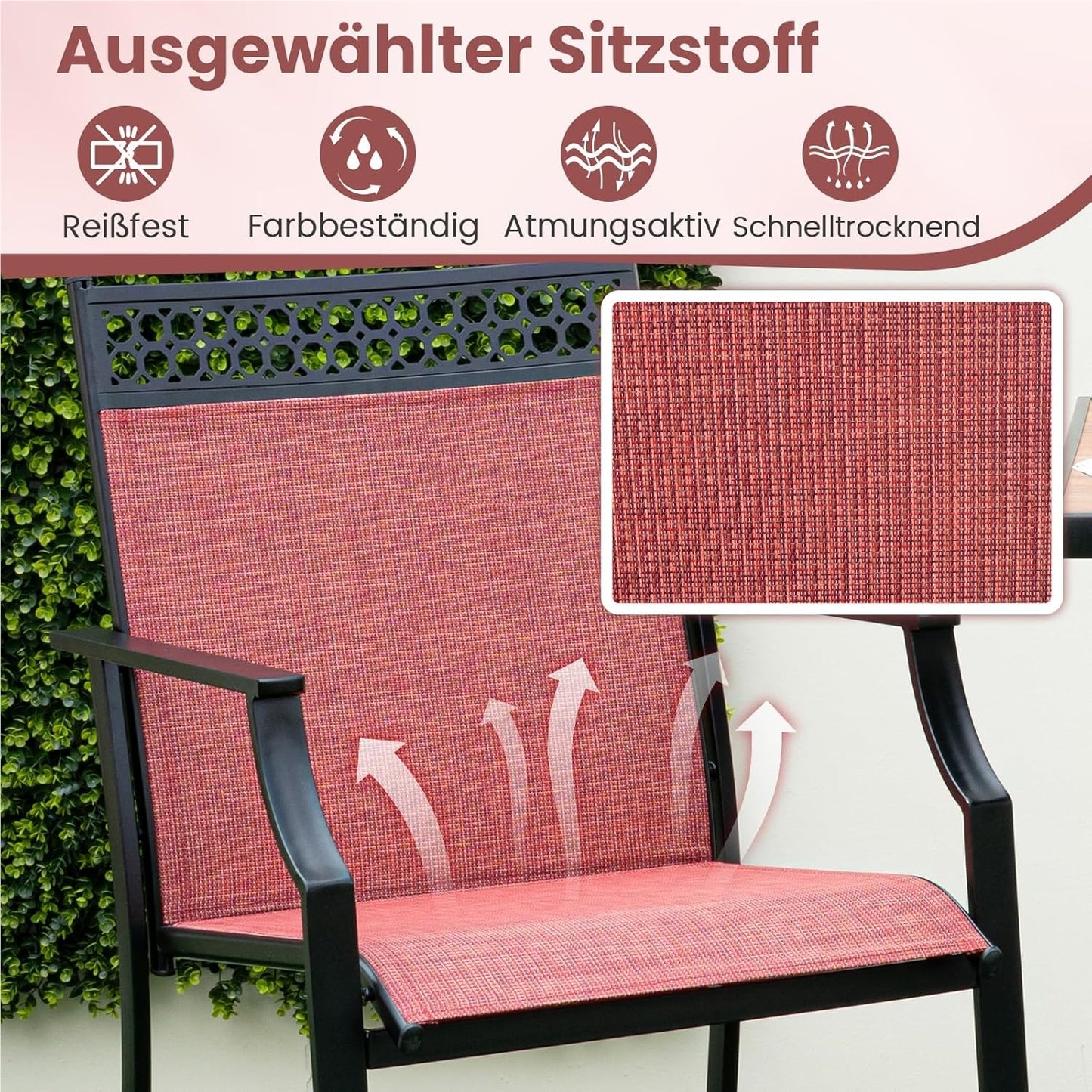 Tuinstoelen – Terrasstoelen – Balkonstoelen – Hoge Stoelen – Ligstoelen – Metalen Frame – Sneldrogende Ademend Zitting – Max. 180 kg Belastbaar – Rood