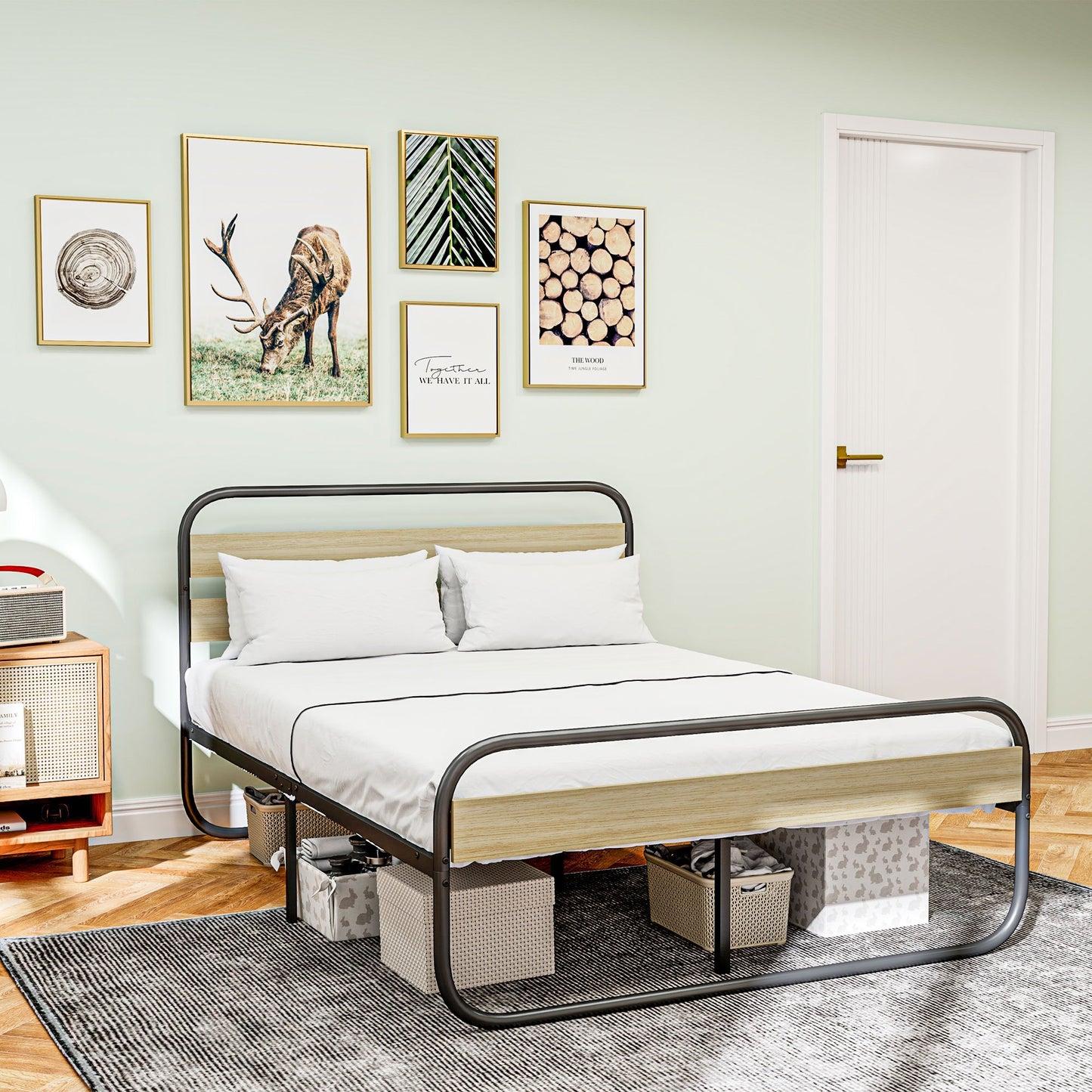 Tweepersoonsbed – Bed – Boxspring – Slaapbank – Bedframe – Industrieel Design – 140x190 cm – Stalen Frame Met Opbergruimte