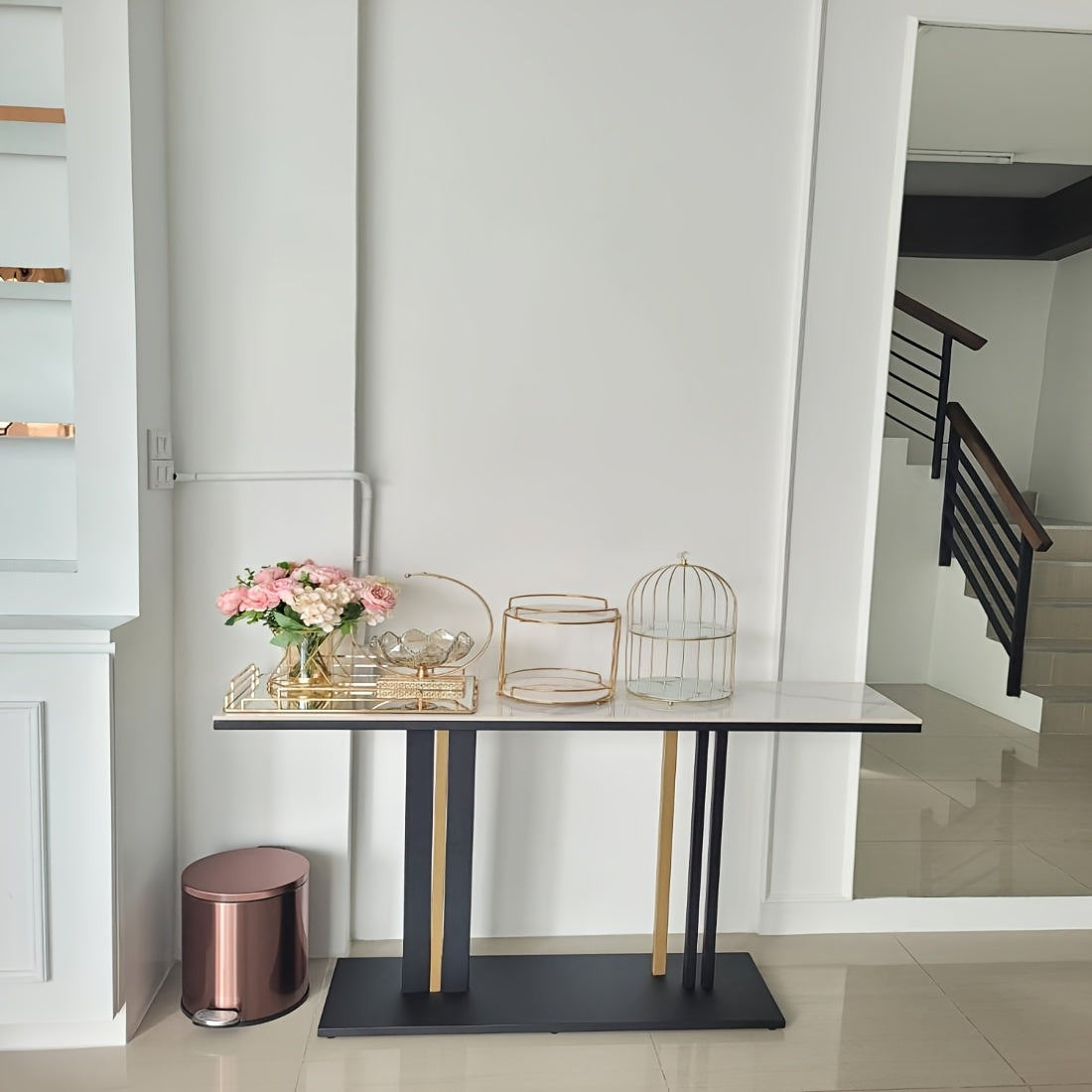 Sidetable – Consoletafel – Wandtafel – Haltafel – Bijzettafel – Krasbestendig Gesinterd Steen Blad – Zwart Gouden Metaalframe