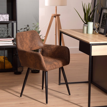 Eetkamerstoel – Stoel Met Armleuning – Designstoel – Keukenstoel – Scandinavische Stoel – Comfortabel Gestoffeerd – Metaal Met Houten Poten – Bruin – 56x56x78 cm