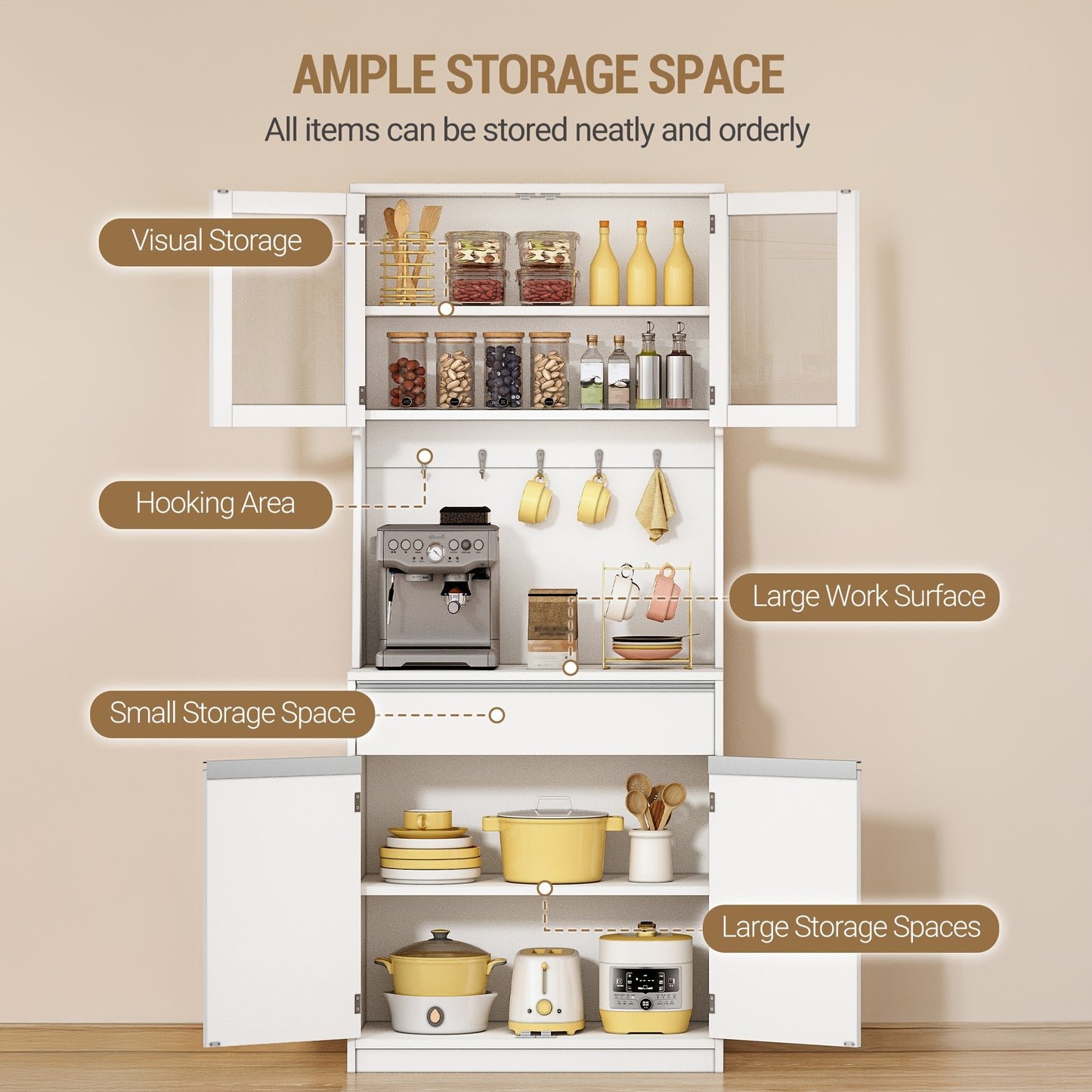 Kitchen Cabinet, Sideboard High Cupboard with Countertop and 4 Storage Compartments Adjustable Shelves Suitable for Kitchen or Living Room, 40 × 75 × 180cm White, Dining Room Furniture, Stylish Sideboard, Sleek Storage, Par