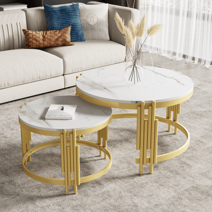 Modulaire Salontafel Set – Koffietafel – Bijzettafel – Ronde Tafels – Marmerlook Tafel – Gouden Metalen Frame – Twee Maten – Licht & Stevig Design