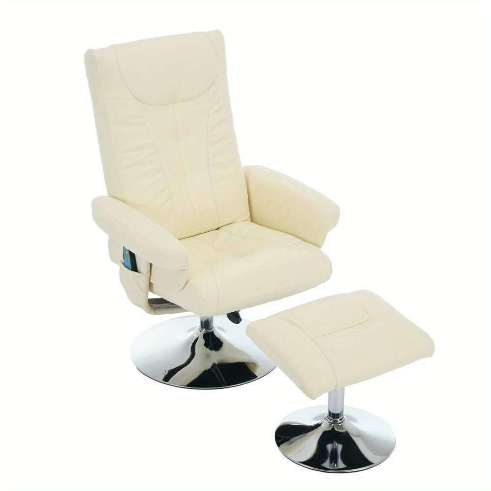 Modern White Beige Reclining Swivel Chair and Footstool Set with 360° Rotating Mechanism, Manual Recliner Sofa with Stool for Living Room, Bedroom - Easy Assembly, Durable Comfortable Lounge Chair with Sturdy Footrest, Space