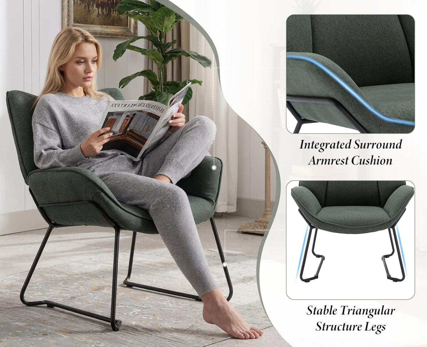 chairus Linen Armchair for Living Room Upholstered Bath Chair Single Occasional Accent Chair with Metal Legs (Green) - QUORE