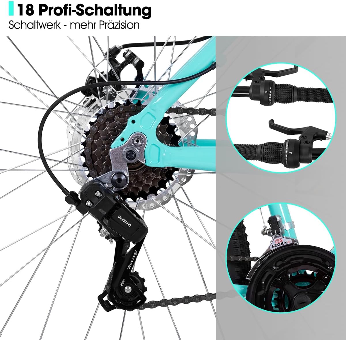 Hiland Mountainbike voor dames, 26 inch, aluminium frame, 18 versnellingen, MTB voor vrouwen, dames en meisjes, mountainbike met dubbele schijfrem, verende vork, mintgroen