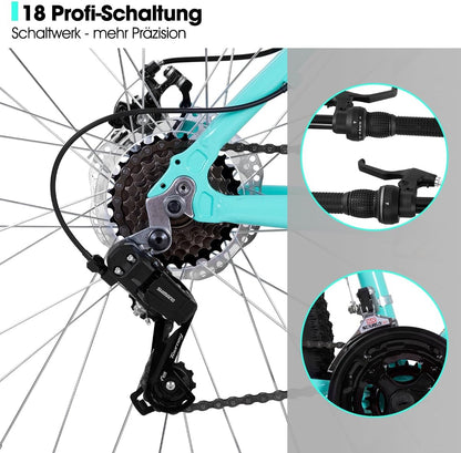 Hiland Mountainbike voor dames, 26 inch, aluminium frame, 18 versnellingen, MTB voor vrouwen, dames en meisjes, mountainbike met dubbele schijfrem, verende vork, mintgroen