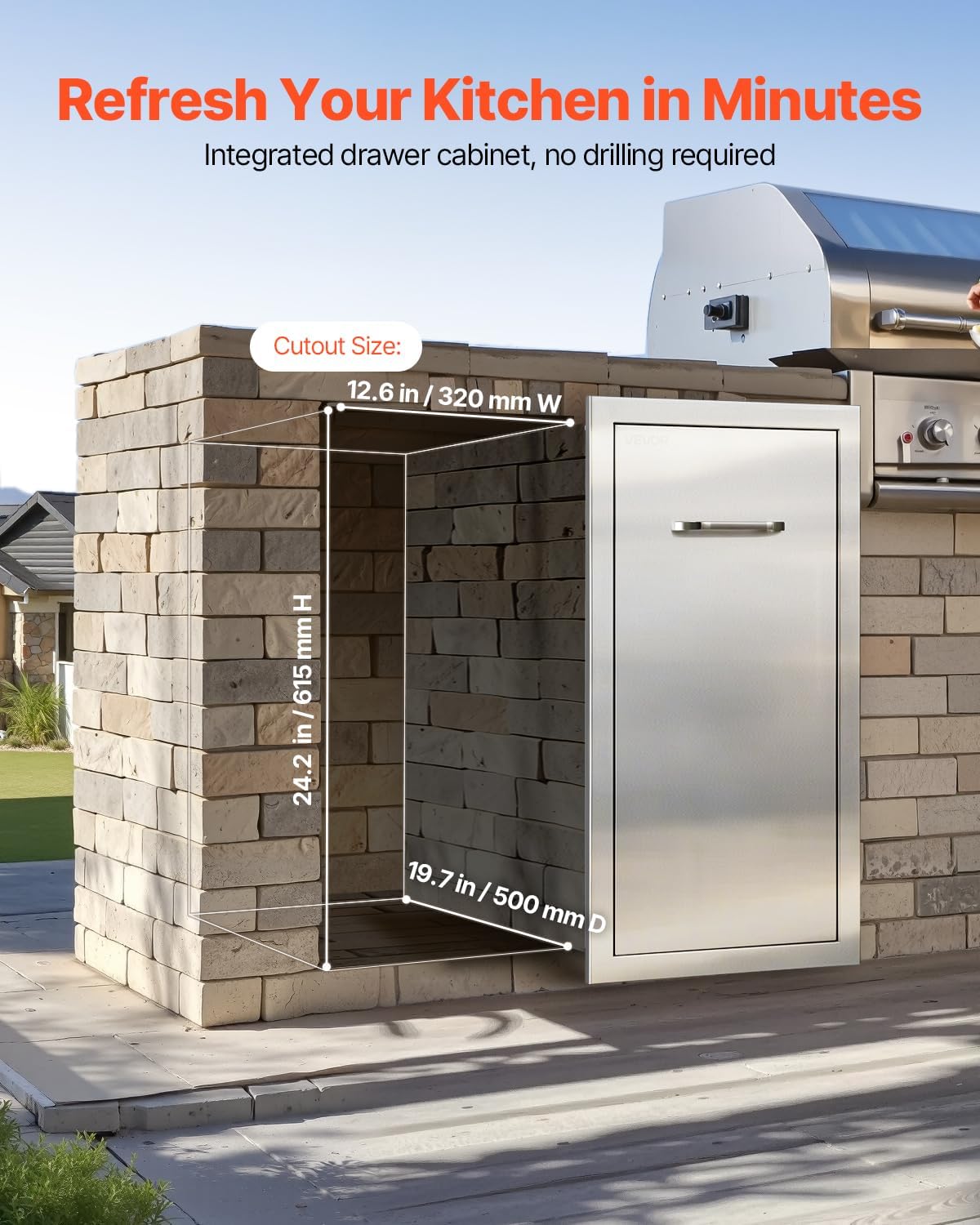 VEVOR Buitenkeuken prullenbak, 30 cm B x 49,8 cm D x 60 cm H Interieur Opslag, Multifunctionele Outdoor Keuken Laden Roestvrij Staal, 55 lbs Max Capaciteit per Niveau, voor Outdoor BBQ Eiland Keuken