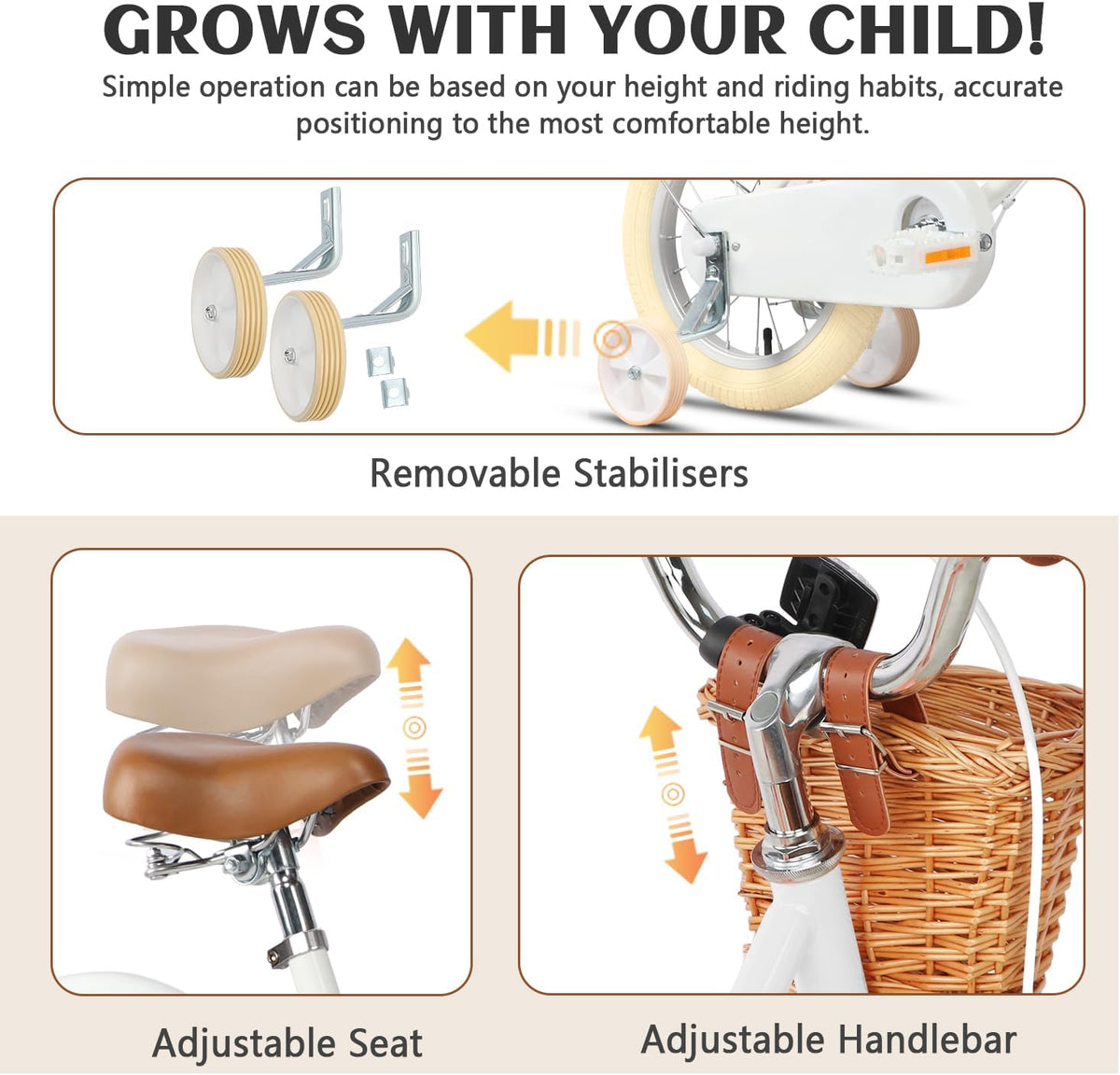 Glerc Meisjesfiets Met Mand voor Kinderen van 3-10 Jaar, 12 14 16 18 20 Inch Met Bel en Stabilisatoren, Diverse Kleuren
