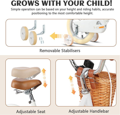 Glerc Meisjesfiets Met Mand voor Kinderen van 3-10 Jaar, 12 14 16 18 20 Inch Met Bel en Stabilisatoren, Diverse Kleuren