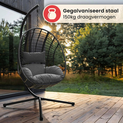 Swoods XXL Egg Hangstoel – Hangstoel met standaard – Voor Binnen en Buiten – Incl. Kussens – Egg Chair – Weerbestendig - Ei Stoel – tot 150kg (Donkergrijs)