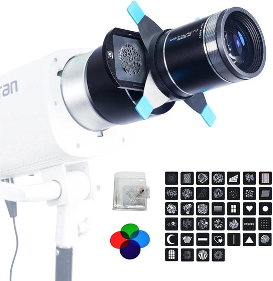 Optical Snoot for Bowens Mount Light, Projectie Snoot Kit Compatibel met Amaran 60D/100X/200D/X Storm 400x, voor Godox SL60/AD400/CB300C, voor Nanlite FS150B, met 4 Kleurfilters & 39 Gobos