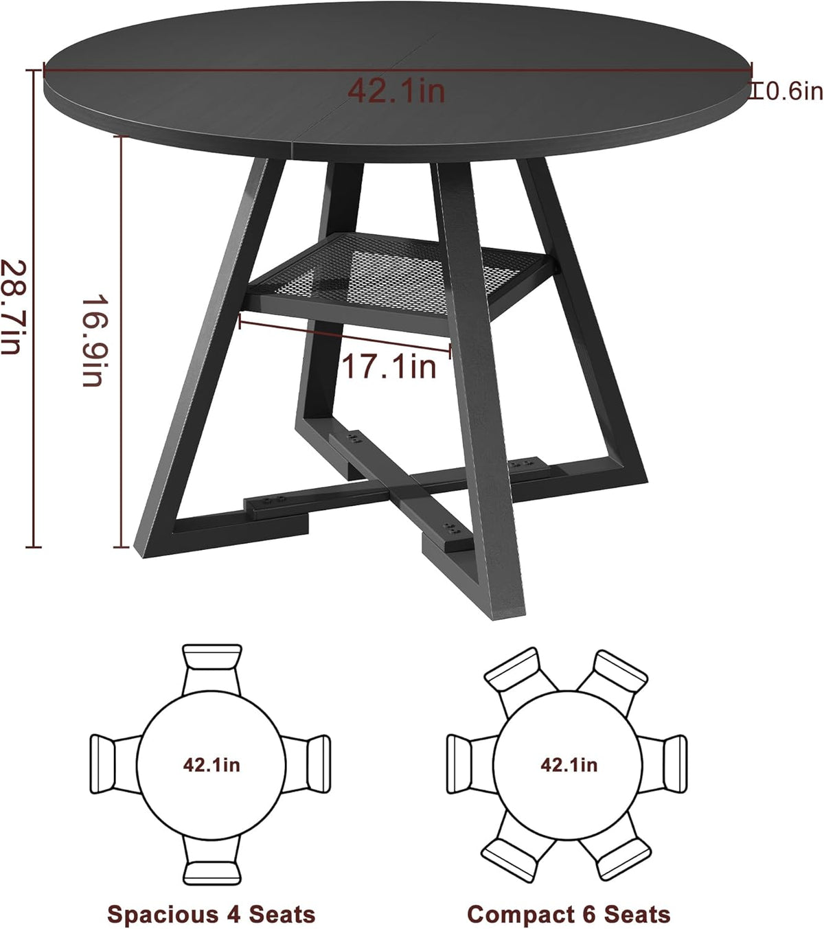 Ronde eettafel voor 2-4 personen, cirkel eettafel met planken, ruimtebesparend houten keuken- en eetkamermeubilair (zwart, 42 inch