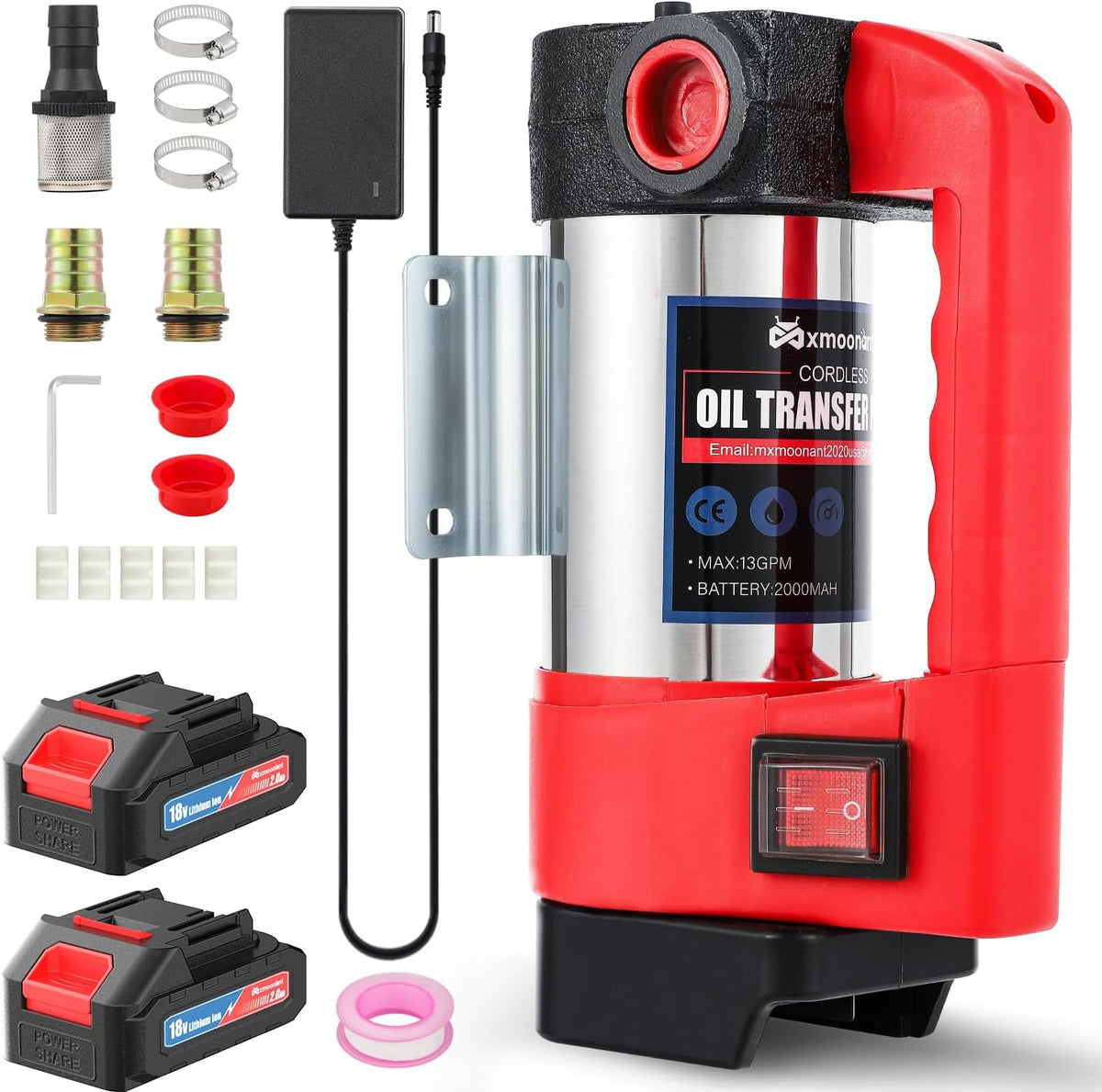 Mxmoonant Draadloze elektrische dieselpomp, zelfaanzuigend, draagbaar, 50 l/min, 260 W, 4200 rpm, 4 kg, met 2 x 2000 mAh lithium batterij, voor diesel, kerosine