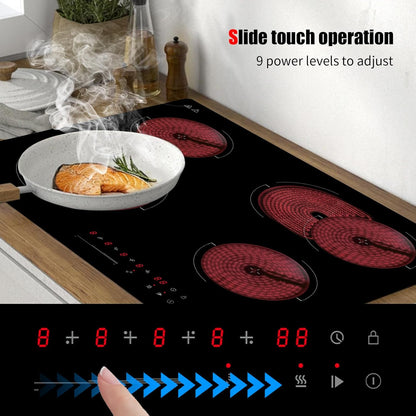 COVERCOOK Keramische kookplaat, ingebouwde 4-zone elektrische kookplaat 60 cm, keramische kookplaat, 6700W, dubbele ovale zone, drievoudige dubbele ringfunctie, timer, veiligheidsslot, geen stekker