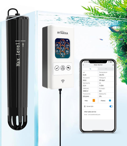 7-in-1 Smart aquarium watertester, pH, chloor, zoutgehalte, TDS, EC, ORP en temperatuurmeting voor aquaria met WLAN en Tuya-app voor real-time monitor en automatische meldingen