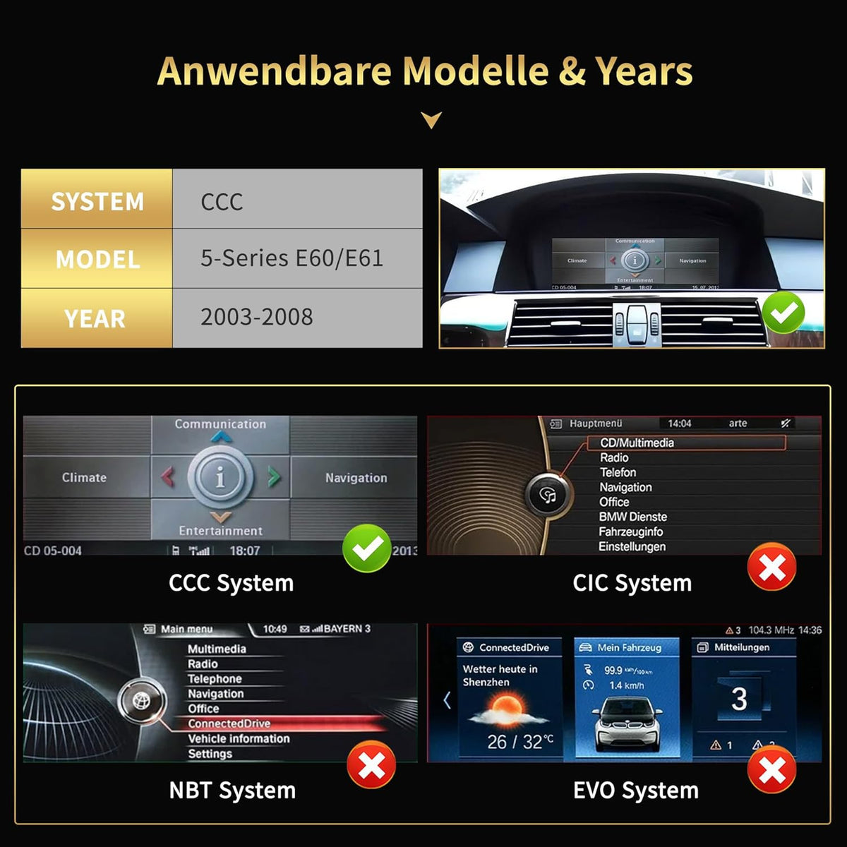 12.3 Inch Touch Screen Android 14 Car Radio for BMW 5 Series E60/E61 (2003-2008) CCC System - Wireless CarPlay/Android Auto, Original OEM Retained, HD Screen, GPS Navigation, Mirror Link - QUORE