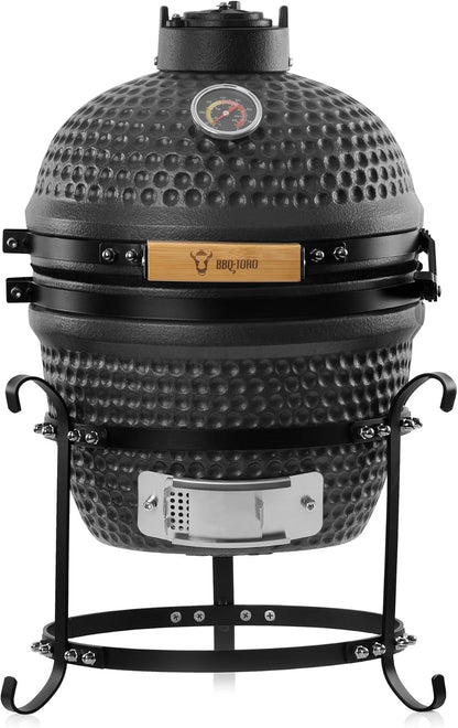 BBQ-Toro Kamado Hairo 32 cm Charcoal Barbecue with Thermometer Wooden Handle Matte Grey Bubble Frosted Glaze Kamado Ceramic Grill Mini Charcoal Grill Mini Kamado Grill Ceramic - QUORE