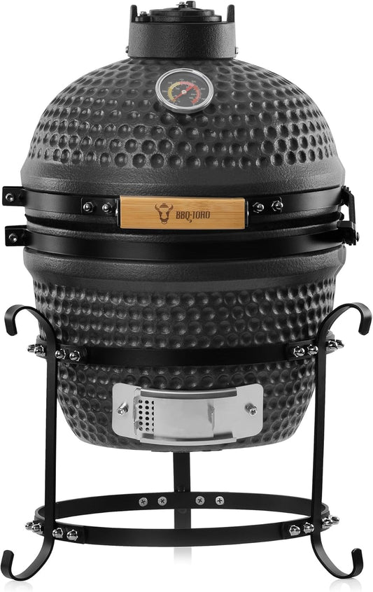 BBQ-Toro Kamado Hairo 32 cm Charcoal Barbecue with Thermometer Wooden Handle Matte Grey Bubble Frosted Glaze Kamado Ceramic Grill Mini Charcoal Grill Mini Kamado Grill Ceramic - QUORE