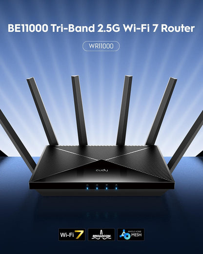 Cudy Tri-Band WiFi 7 BE11000 Router, 6-Stream 10 Gbps, 4 × 2.5G-poorten, tot 11000Mbps, VPN-server en client, Cudy APP en Mesh, 6 × High-gain Antennes, WR11000