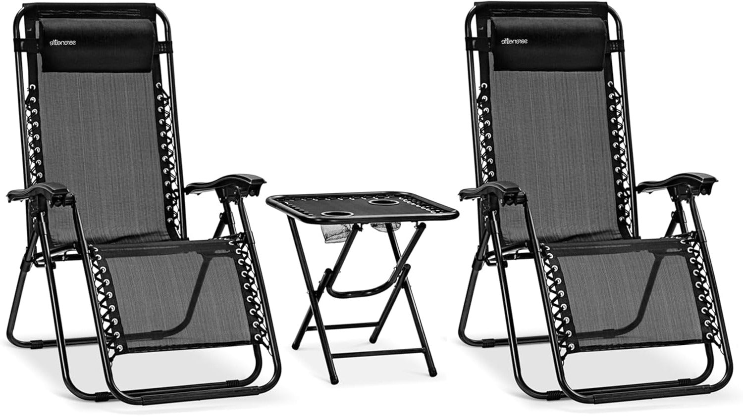 Serenelife Sun Lounger, Set of 2 Sun Loungers - Adjustable Garden Loungers with Side Table, 2 Cup Holders and Removable Cushions - Foldable and Portable Lounge Chairs for Terrace, Garden, Beach - Grey - QUORE